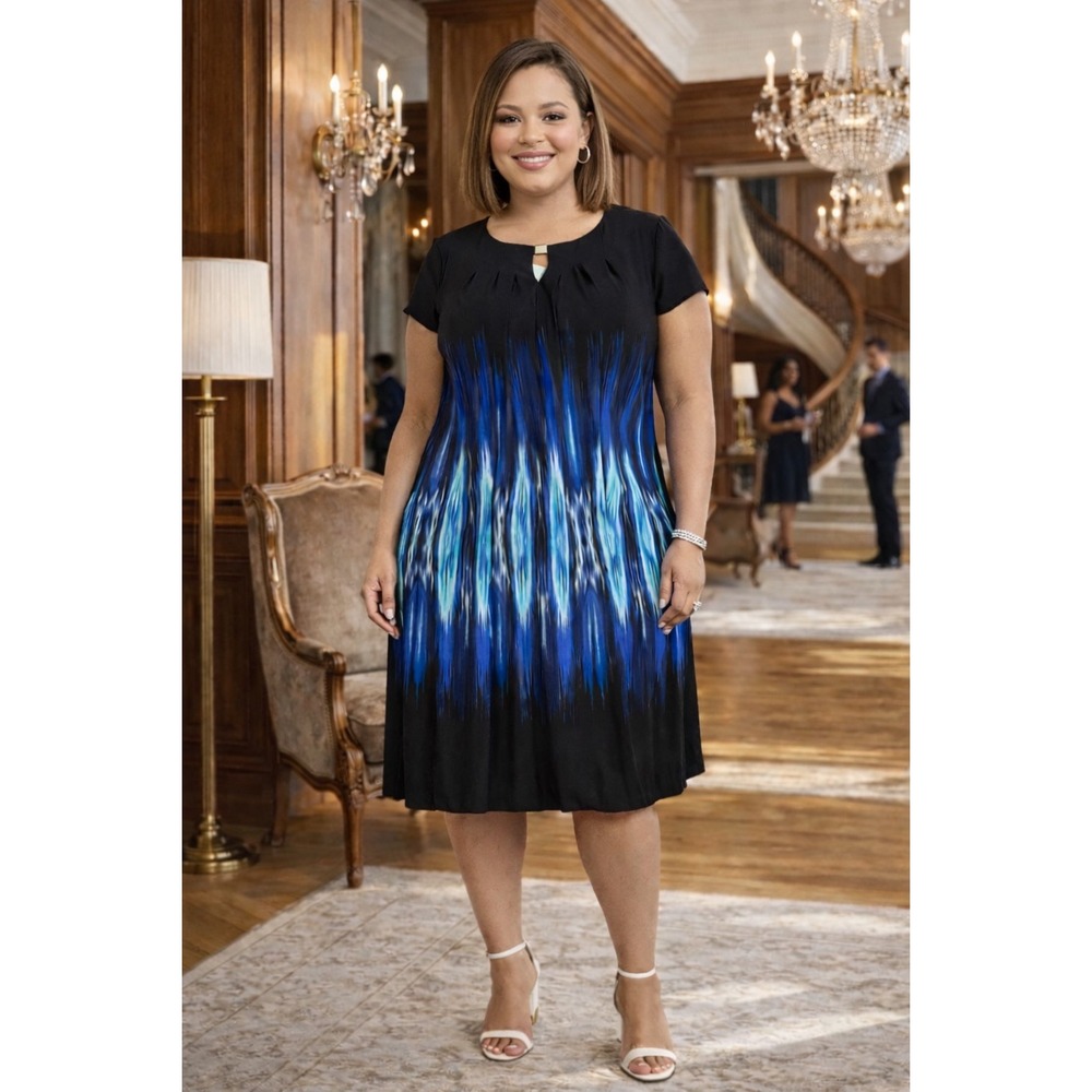 Tahari Arthur S Levine Blue‎ Ombre  Midi Dress Plus Size 18W NWT